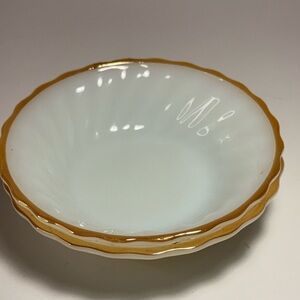 Vintage Anchor Hocking Milk Glass Gold Rim Bowls Set of 2 Fire-King USA